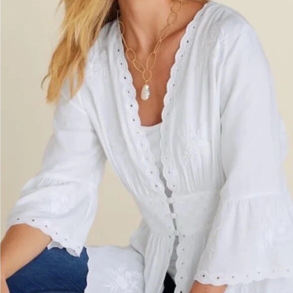 Soft Surroundings Melissani Tunic Top Sz PL White Embroidered Scalloped Blouse